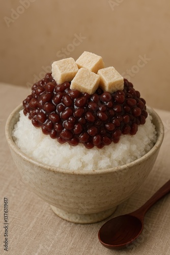 Korean Patbingsu (팥빙수) Shaved Ice Dessert with Red Beans and Rice Cake Toppings


