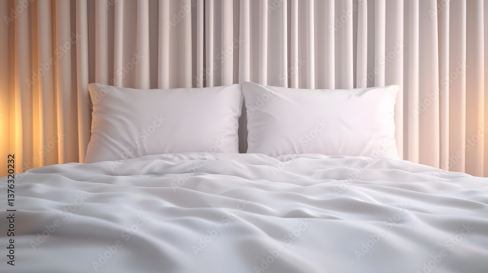 Obraz premium Cozy and inviting bedroom with plush bedding and soft curtains