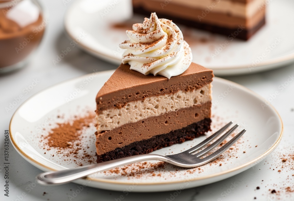 Chocolate mousse cake slice with whipped cream on white plate Chocolate mousse cake slice with whipped cream on white plate