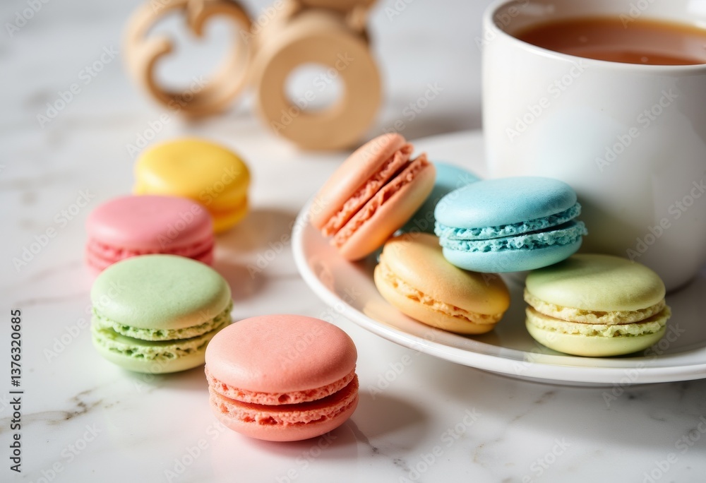 Fototapeta premium Colorful macarons on a plate with a cup of tea