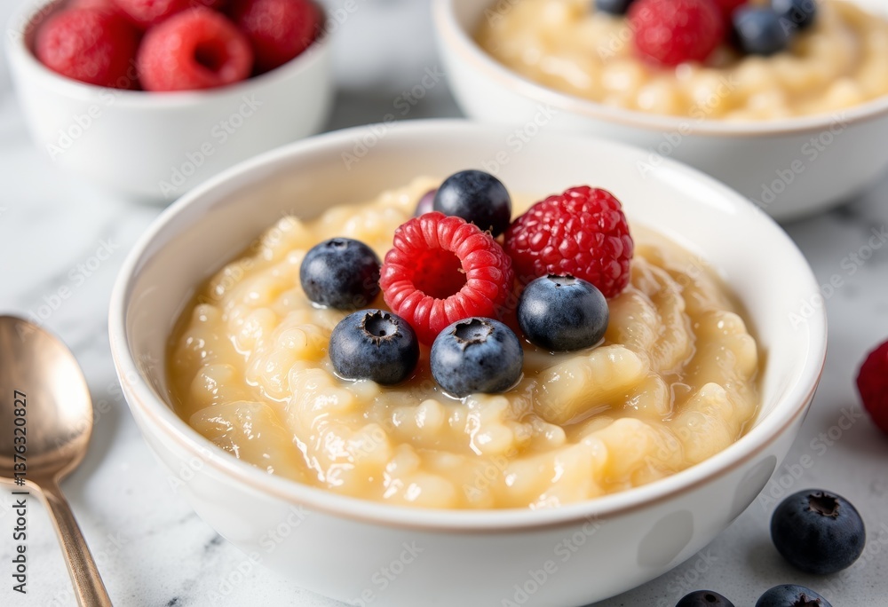 Creamy pudding topped with blueberries and raspberries Creamy pudding topped with blueberries and raspberries