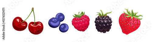 Berry set. Cherry, strawberry, raspberry, blueberry and blackberry  isolated on white background. Vector cartoon flat illustration. 