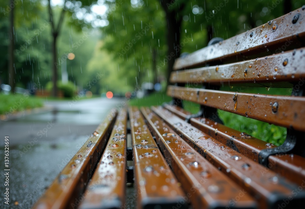 Fototapeta premium Rain-soaked wooden bench in a tranquil park setting