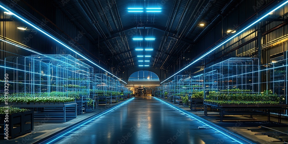 High-tech indoor farm showcasing advanced plant growth techniques in a modern greenhouse environment at night High-tech indoor farm showcasing advanced plant growth techniques in a modern greenhouse environment at night