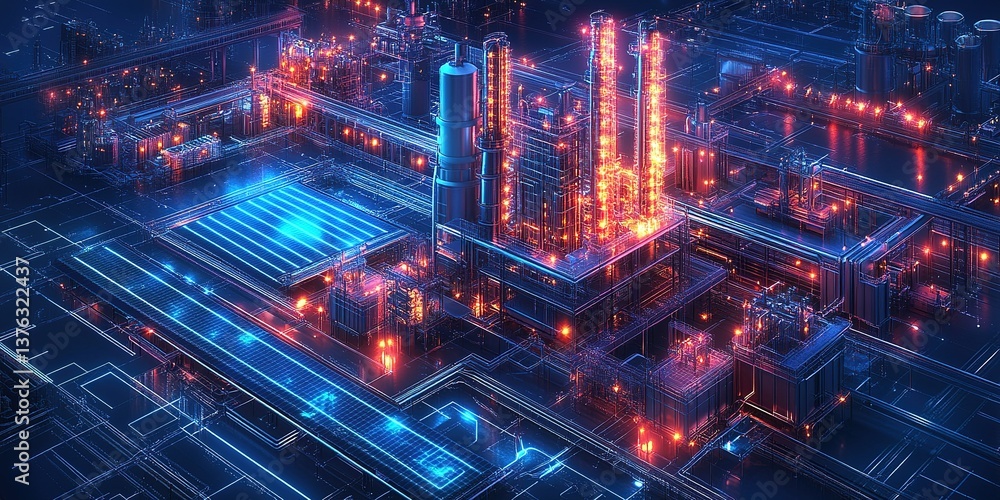 Fototapeta premium Futuristic industrial complex illuminated by neon lights in a high-tech urban landscape at night