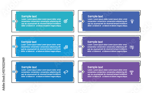 Infographic design business template with 6 options or steps. Can be used for workflow layout, diagram, annual report, web design	
