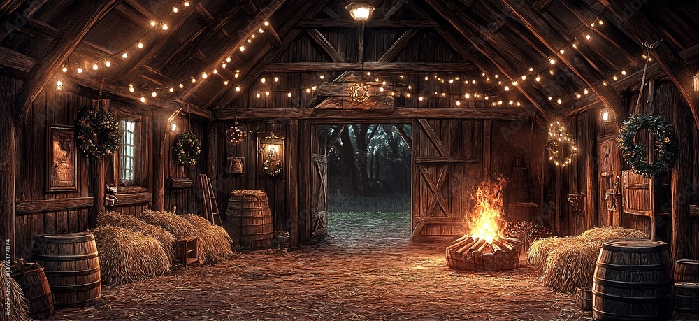 Fototapeta premium Cozy barn interior with holiday decorations and a warm fire light in a rustic setting
