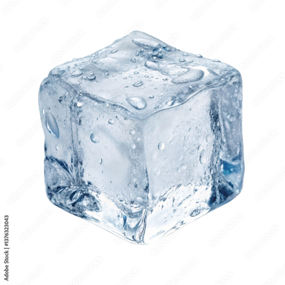 Obraz premium Single ice cube with water droplets.