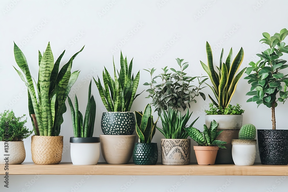 Fototapeta premium Collection of Various Potted Green Plants on Wooden Shelf with White Background