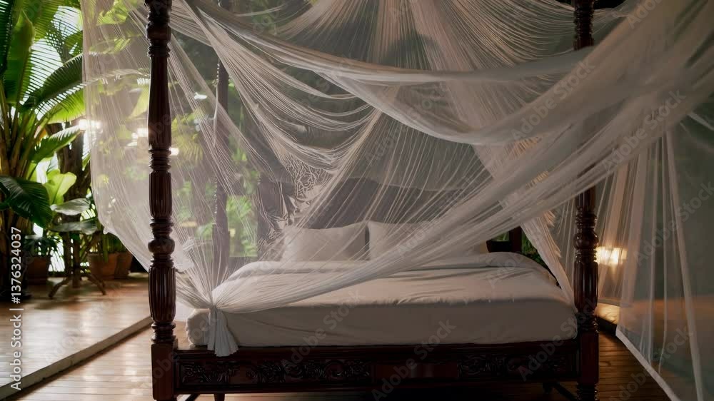 Luxurious sleeping arrangement with billowing transparent fabric. Combination of natural materials and gentle movement evokes feelings of serenity and healing environments Luxurious sleeping arrangement with billowing transparent fabric. Combination of natural materials and gentle movement evokes feelings of serenity and healing environments