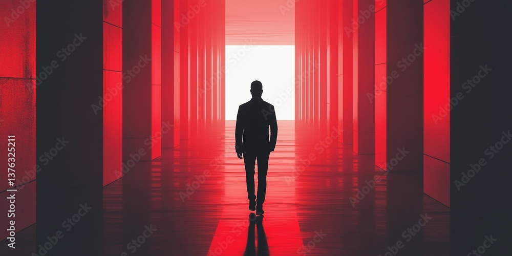 A mysterious figure walks alone through a striking red-lit corridor symbolizing isolation and introspection. A mysterious figure walks alone through a striking red-lit corridor symbolizing isolation and introspection.