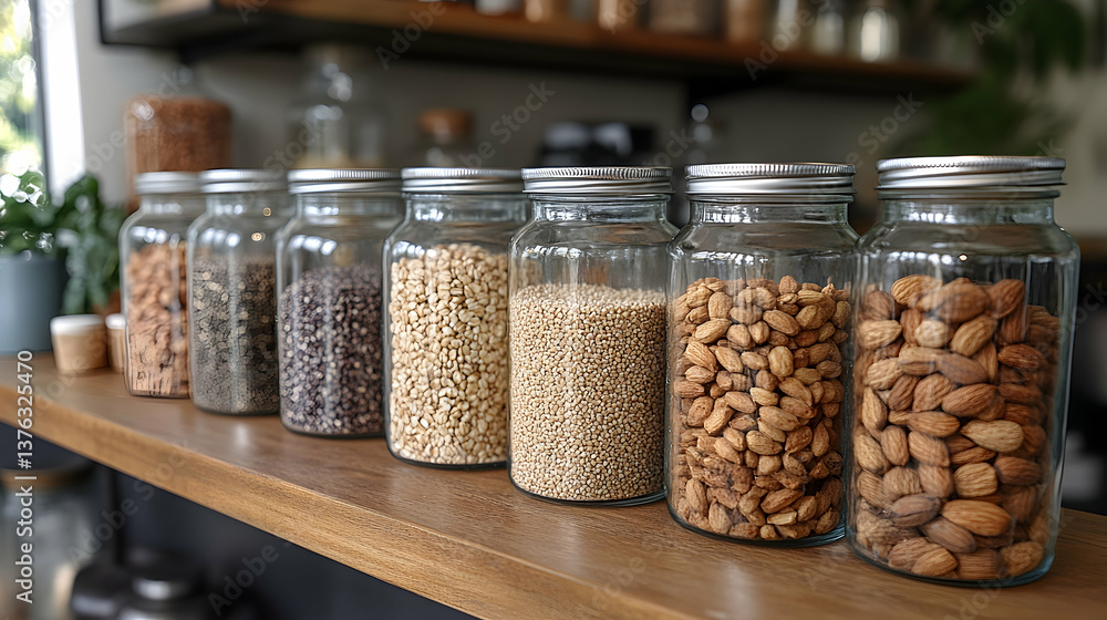 A clean and organized shelf displaying neatly labeled glass jars of organic grains and nuts, promoting zero waste A clean and organized shelf displaying neatly labeled glass jars of organic grains and nuts, promoting zero waste