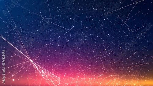 Abstract cosmic network; glowing lines and particles form constellations on a dark, gradient background