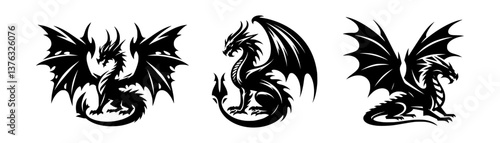 A set of black and white tribal dragon tattoo vector illustrations.