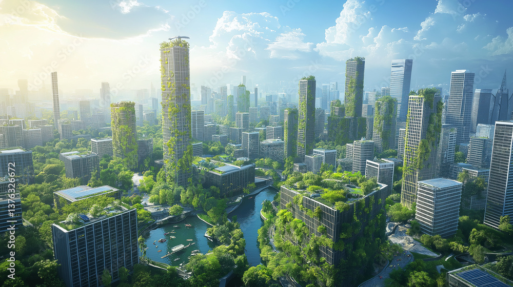Obraz premium Futuristic eco city with green skyscrapers, sustainable urban architecture, vertical forest city