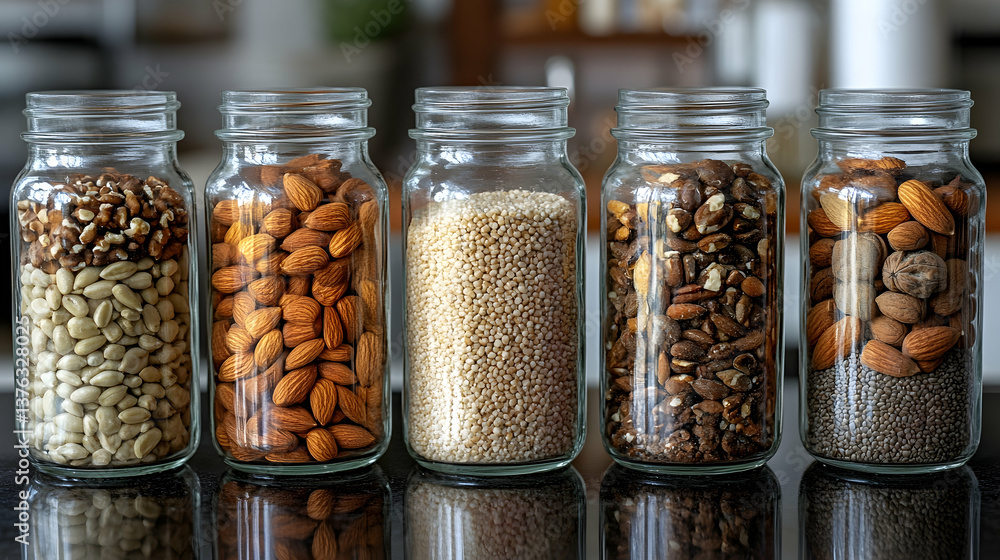 A close-up of reusable glass jars filled with grains, seeds and nuts placed neatly on a kitchen counter A close-up of reusable glass jars filled with grains, seeds and nuts placed neatly on a kitchen counter