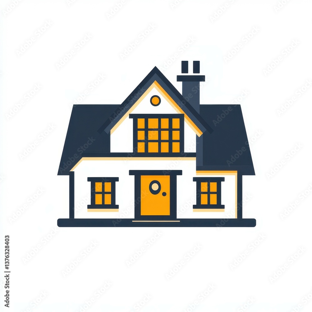 Charming two-story house with yellow door and chimney in a flat design style Charming two-story house with yellow door and chimney in a flat design style