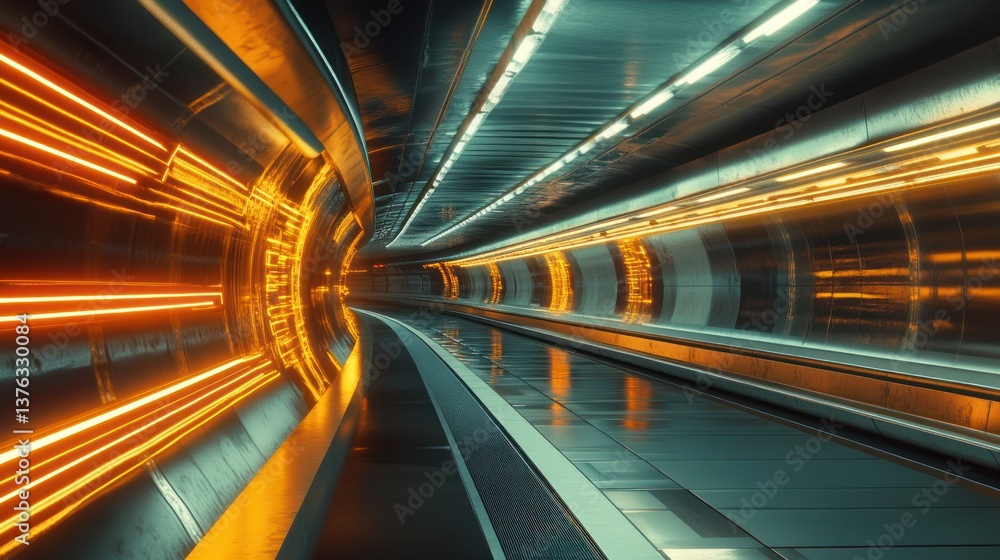 Obraz premium A futuristic tunnel with glowing orange and white lighting effects