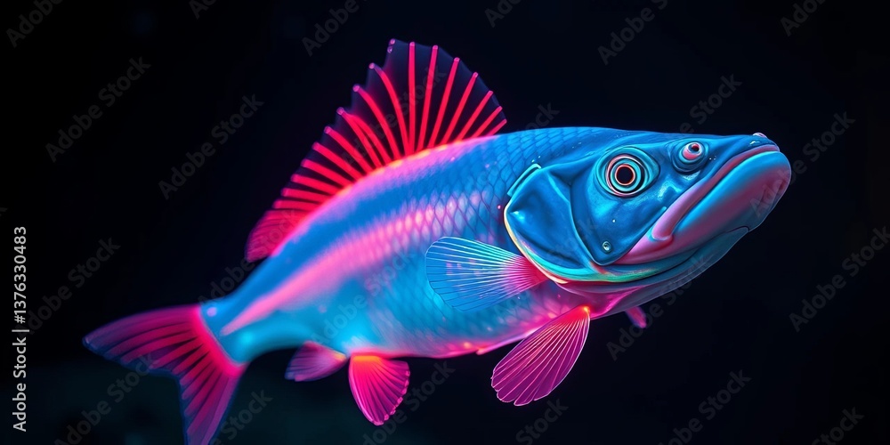 Fototapeta premium Vibrant aquatic creature with iridescent scales and fins, swimming in a dark environment, exhibiting a captivating display of bioluminescence