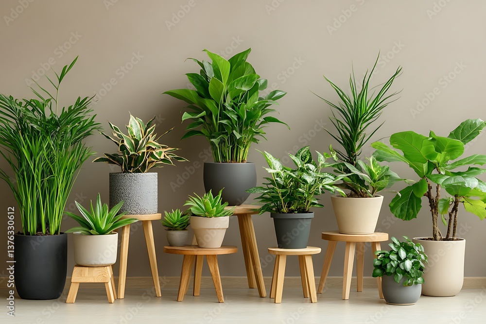 Obraz premium Group of Indoor Potted Plants on Wooden Stools Against Neutral Wall, Modern Interior