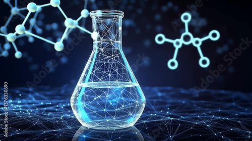 Scientific flask, molecular structures, digital network