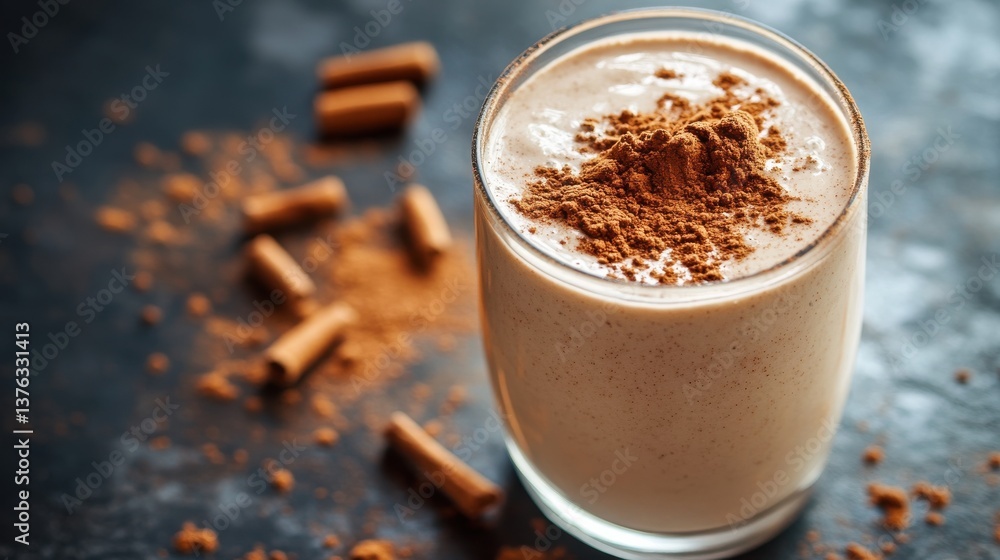 Glass of Vanilla Protein Shake with Cinnamon Dust Glass of Vanilla Protein Shake with Cinnamon Dust