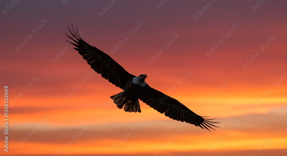 Fototapeta premium Bald Eagle Sunset Flight Silhouette.