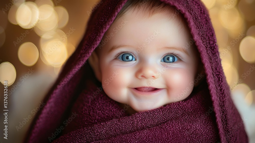 Adorable baby wrapped in a soft burgundy towel with bokeh lights background Adorable baby wrapped in a soft burgundy towel with bokeh lights background