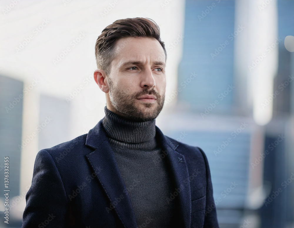 Elegant European White Male Manager in Turtleneck and Blazer in Urban Business District with Skyscrapers Elegant European White Male Manager in Turtleneck and Blazer in Urban Business District with Skyscrapers