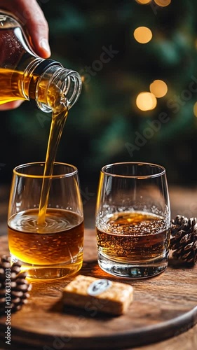 Pouring Whisky into Tasting Glasses near Christmas Tree