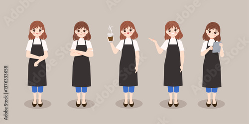 Smiling woman in apron standing pose set isolated vector illustration