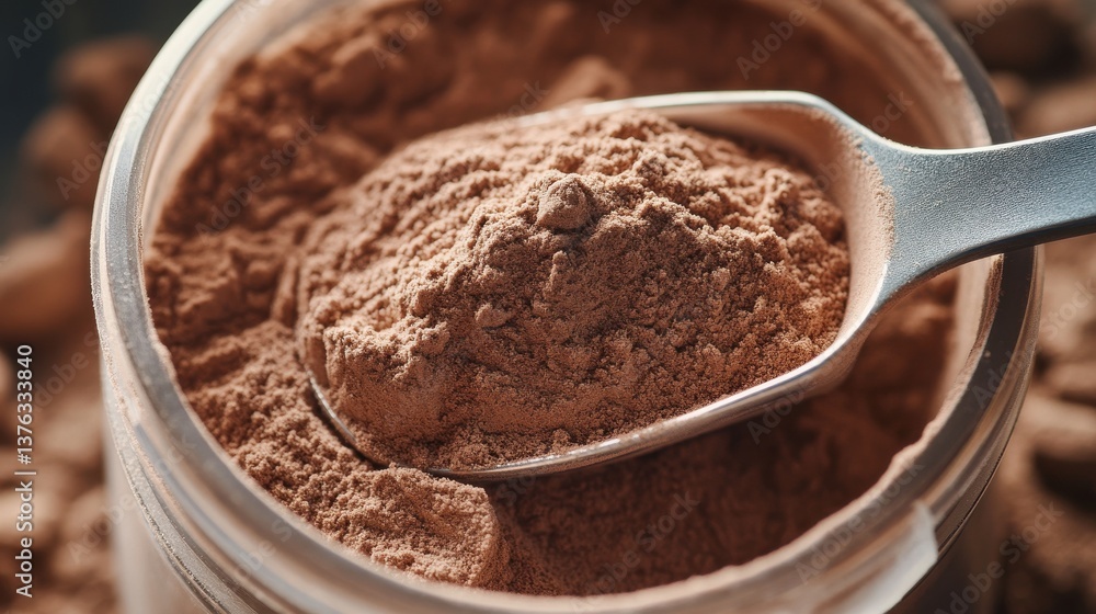 Chocolate Protein Powder Container with Scoop Resting Chocolate Protein Powder Container with Scoop Resting