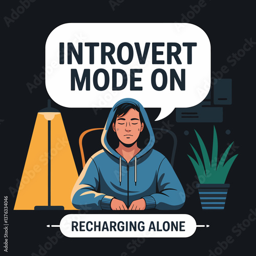 Introvert Recharging: Alone Time Illustration of a Relaxing Young Man in Hoodie Meditating, Concept of Solitude and Personal Space