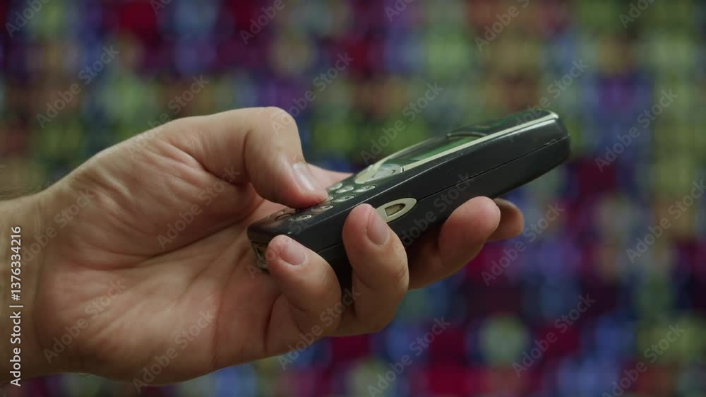 80s 90s retro vintage cell phone being used by a young adult woman, taking old mobile phone with antenna from jeans pocket.