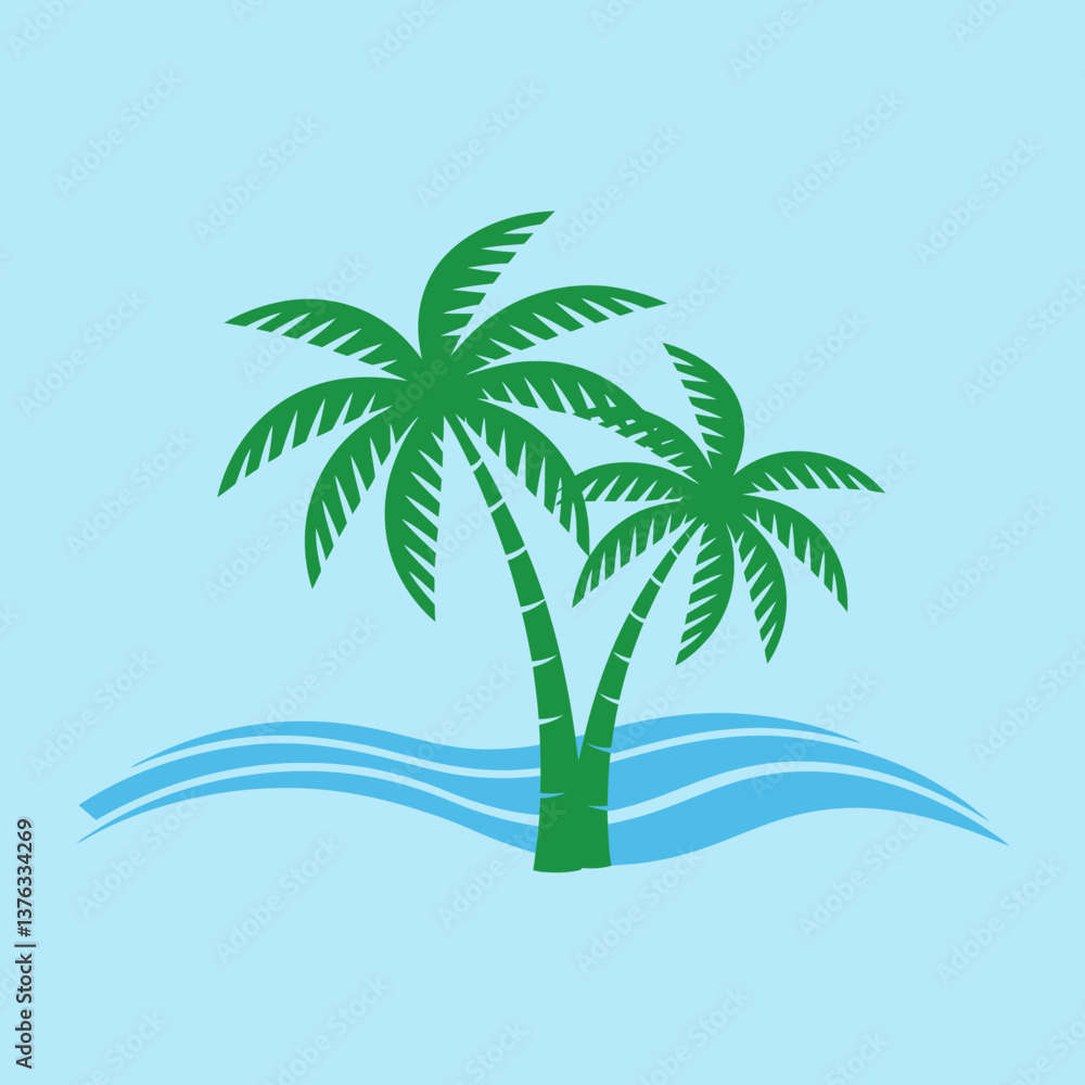 Obraz premium Stylized Palm Trees and Waves: Minimalist Beach Scene Illustration for Summer and Vacation Themes