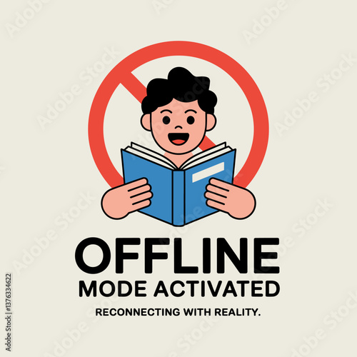 Offline Mode Concept: Boy Reading Book with No Connection Symbol. Digital Detox Illustration. Focus on Reading and Learning, Reconnecting with Reality.