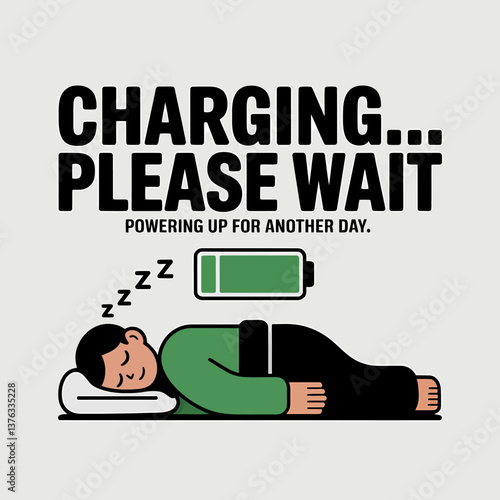 Recharging Cartoon: Sleeping Man and Battery Icon Illustration, Energy Boost, Power Up