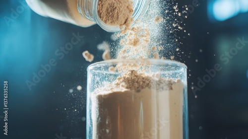 Pouring Protein Powder into a Clear Water Bottle