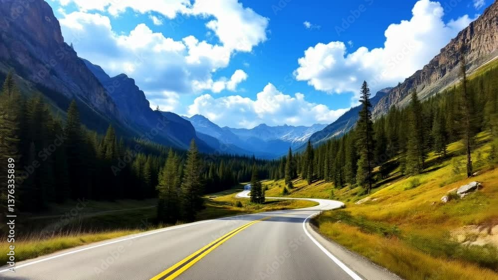 Scenic mountain road journey through forested landscapes and majestic blue skies Scenic mountain road journey through forested landscapes and majestic blue skies