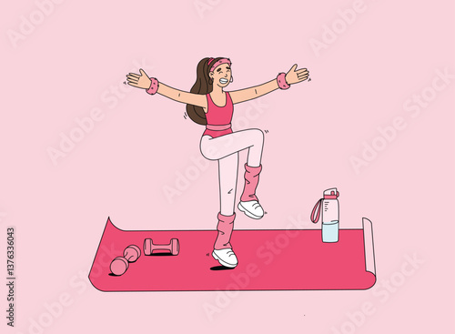 Girl in pink suit doing sport exercise on mat vector doodle illustration