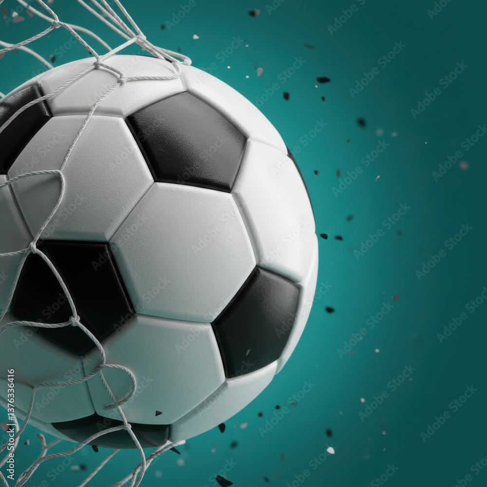 Fototapeta premium A soccer ball in a net with confetti on a turquoise background in a close up shot of the ball