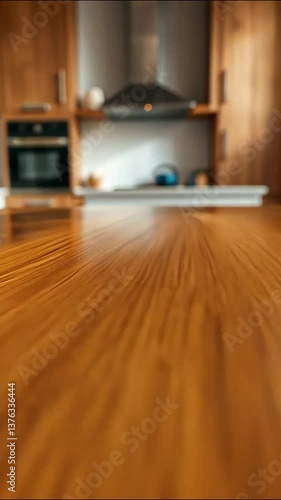 Warm Wooden Tabletop with Blurred Modern Kitchen Background - Cozy Home Aesthetic for Product Mockups & Lifestyle Shots