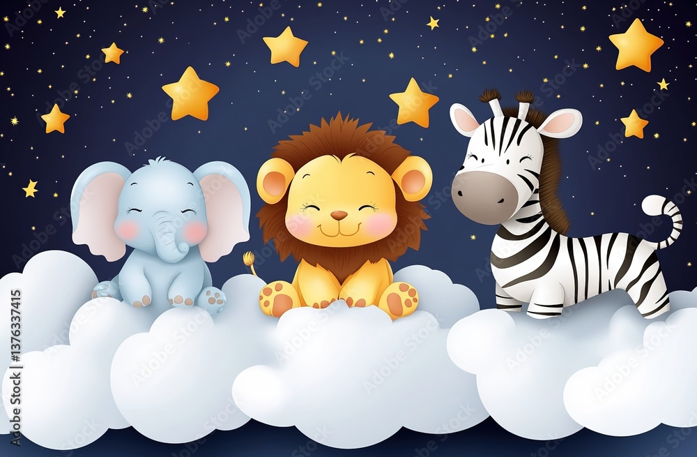 Naklejka premium A whimsical cartoon scene with three cute cartoon animals (an elephant, a lion, and a zebra) sitting on white clouds, set against a deep blue night sky dotted with golden stars