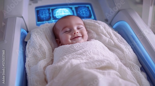 Obraz na płótnie Infant undergoes advanced brain scanning technology with a serene smile w salonie