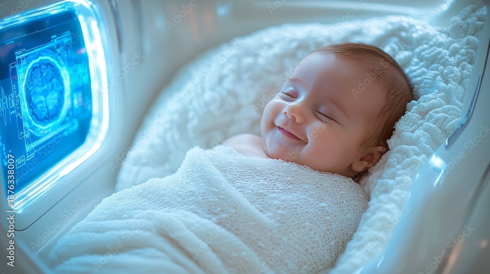 Serene sleep of infant under futuristic brain monitoring equipment in clean setting