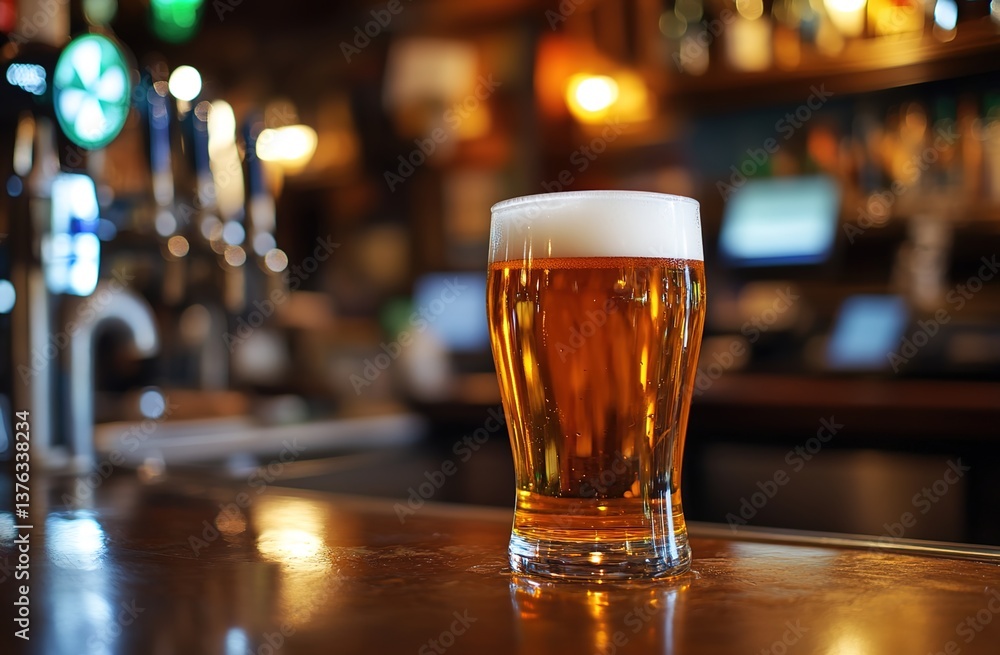 A realistic bar scene with a glass of golden beer topped with white foam, placed on a wooden bar counter, a blurred bar background with beer taps and bottles A realistic bar scene with a glass of golden beer topped with white foam, placed on a wooden bar counter, a blurred bar background with beer taps and bottles