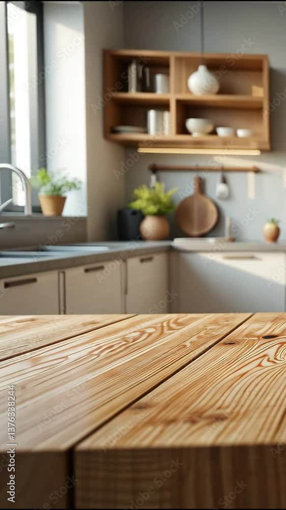 Cozy Wooden Tabletop with Blurred Modern Kitchen - Warm Natural Texture for Product Mockups & Lifestyle Content Cozy Wooden Tabletop with Blurred Modern Kitchen - Warm Natural Texture for Product Mockups & Lifestyle Content