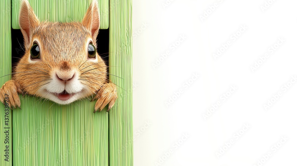 Obraz premium Playful Brown Squirrel Peeking from Green Wooden Structure