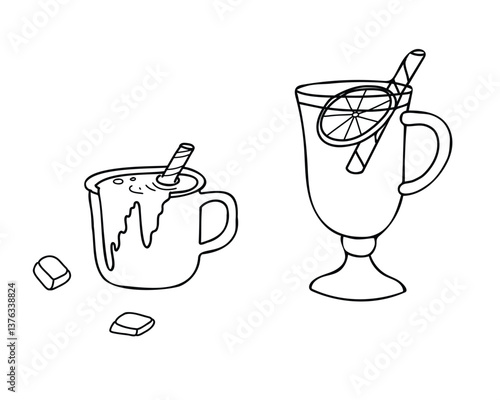 Set of hot autumn or winter Drinks. Mug of hot Chocolate with chocolate bars and Mulled wine glass or gluhwein isolated on a background. Vector Hand drawn illustration in Doodle style. Perfect for