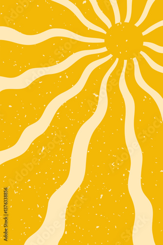 retro summer sun poster. Groovy sun with wavy rays and vintage grain texture.